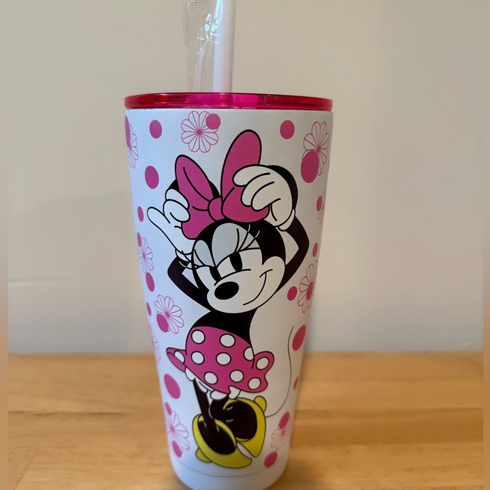Disney Minnie Mouse Tumbler With Straw NEW Pink & White Polka Dot 10 Inches Tall